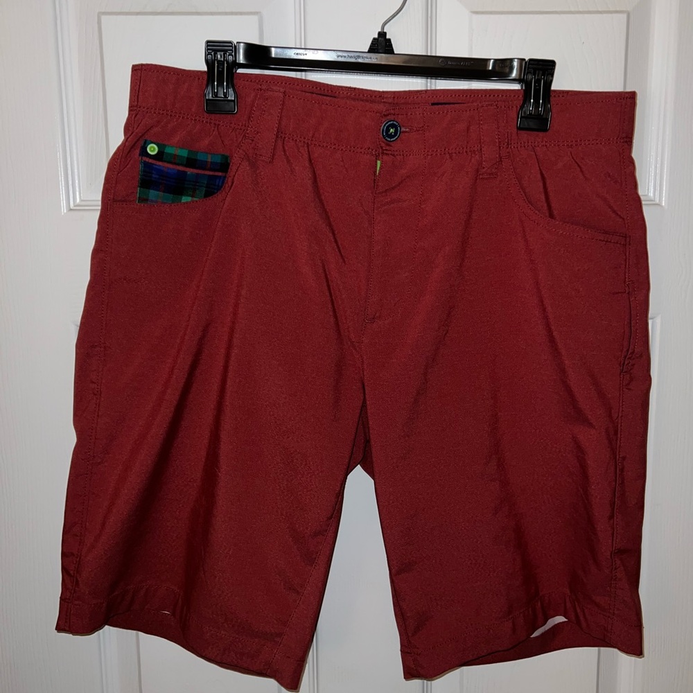 William Murray Golf Red Flat Front Shorts with Plaid Accent
